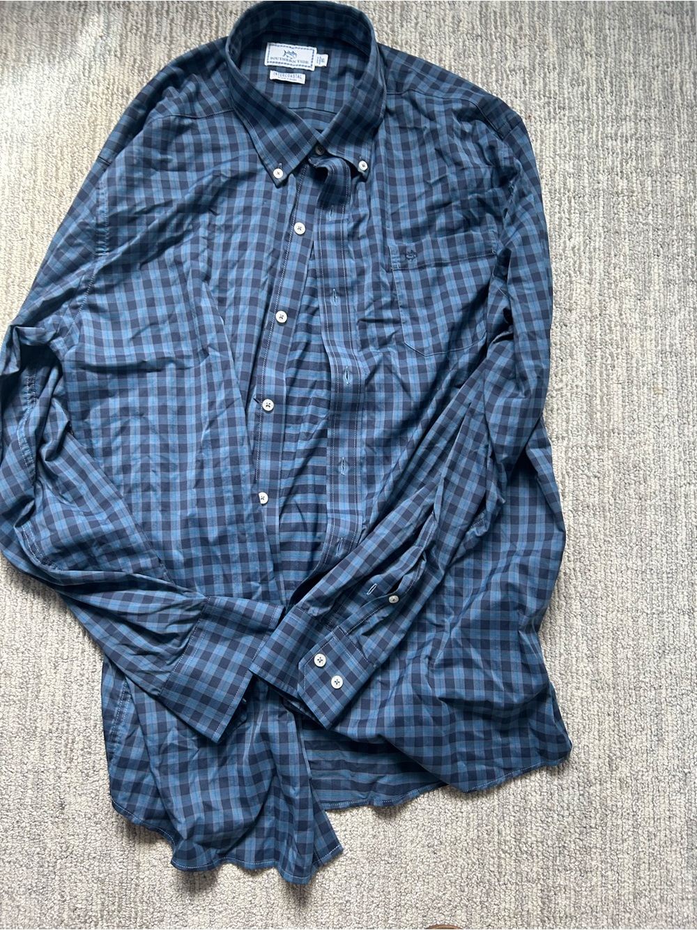 Southern Tide Men's Navy and Black Plaid Button-Down Shirt
